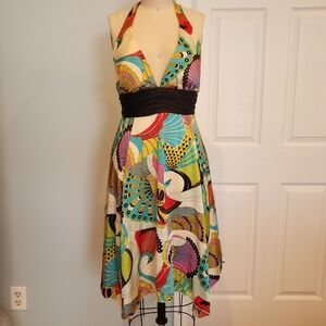 Colorful Retro Silk Backless Halter Dress, S